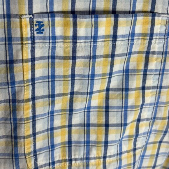 IZOD Shirt Men's Size LG Blue Yellow White Plaid Button Down Short Sleeve Pocket - Picture 8 of 11